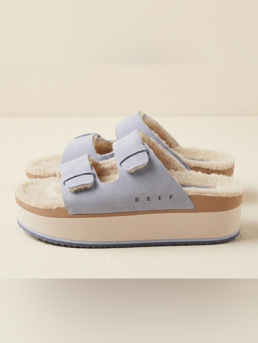 NEW! Reef Light Blue Shearling Platform Slide Mules sz 8 NWT - Picture 1 of 12